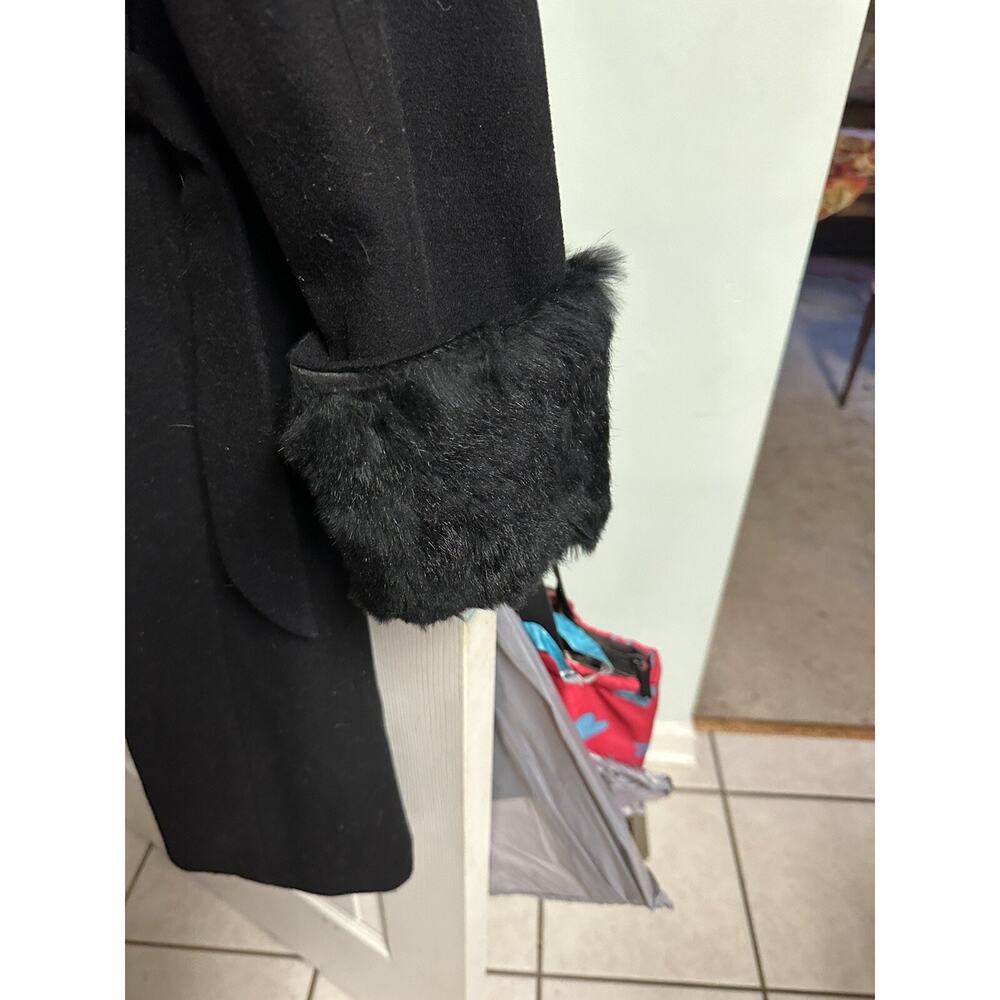 90s Wool Lord Taylor Jacket Coat Women's Black Rabbit Fur Collar Small 6 Tie - Picture 7 of 7